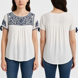 Savanna Jane Womens Boho Embroidered Peasant Top White & Navy Size Large Cottage